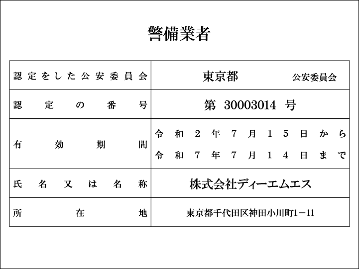 警備業者 東京都公安委員会 第30003014 令和2年7月15日から令和7年7月14日まで